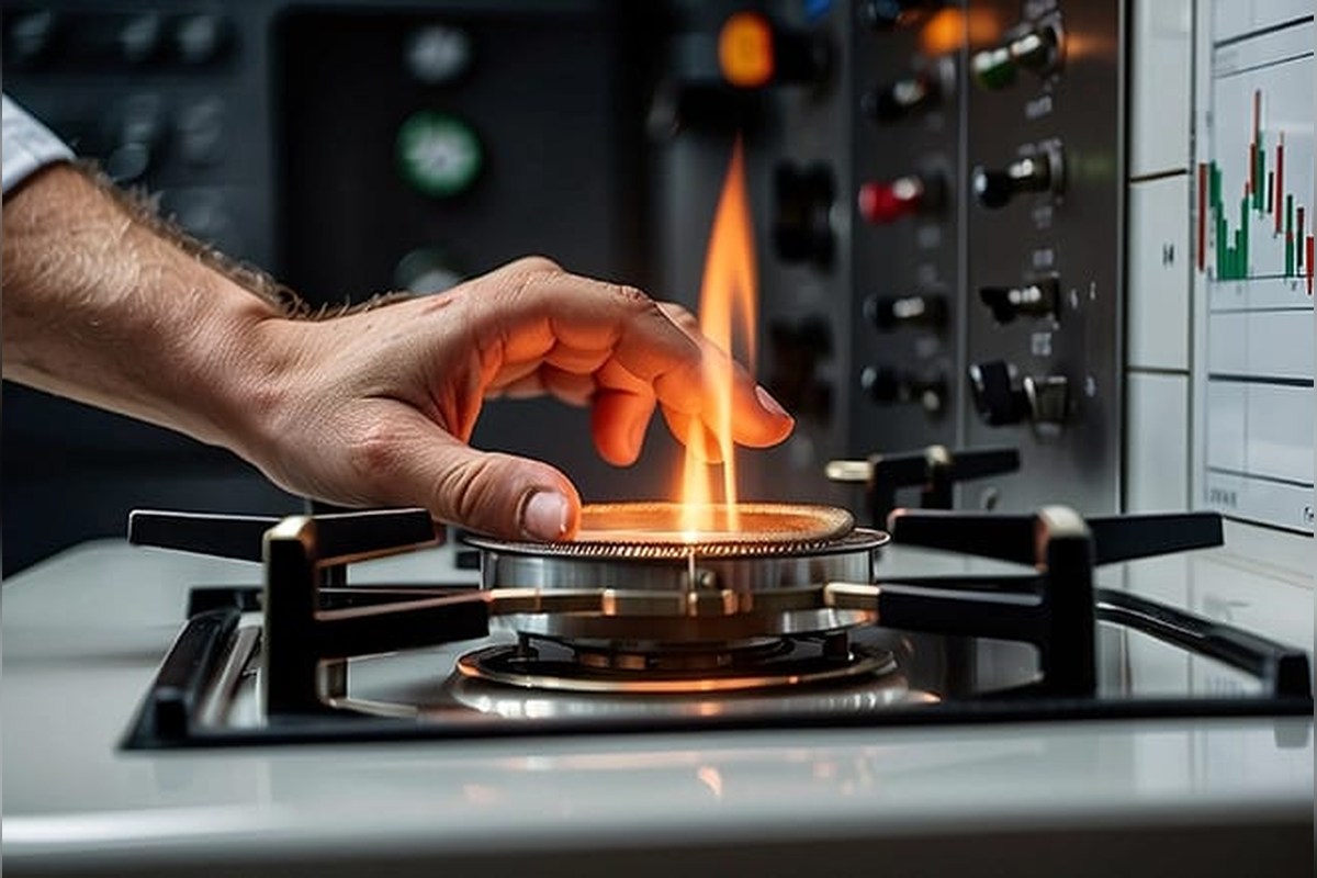Gas burner lit and the flame checked by hand during a routine service