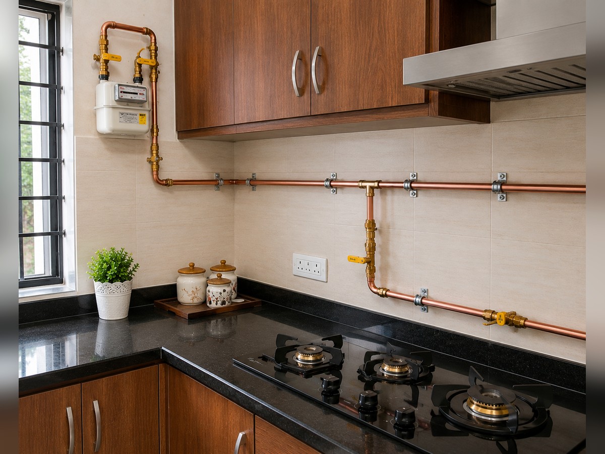 Copper gas pipeline running along a kitchen wall from the meter to the hob